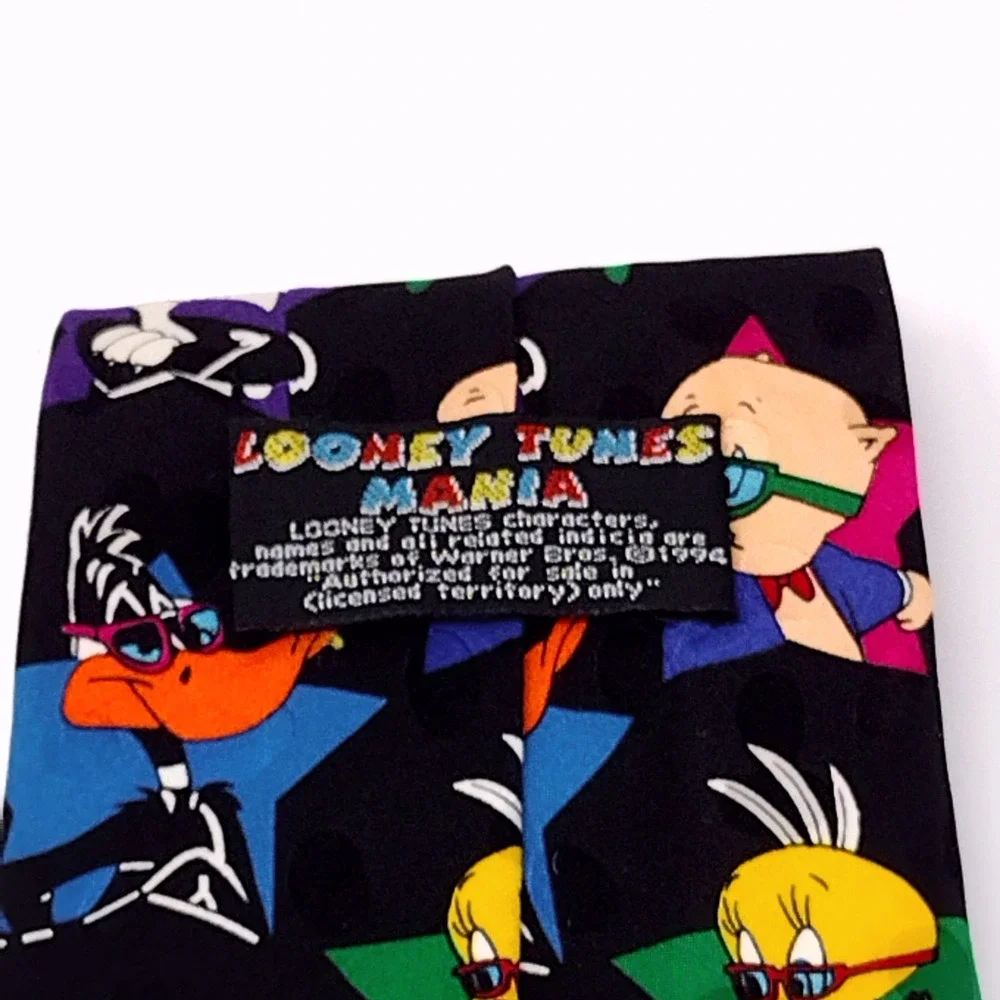 Vintage 1994 Looney Tunes Mania Silk Tie Bugs Bunny Daffy Duck Taz‎ Black Mens
